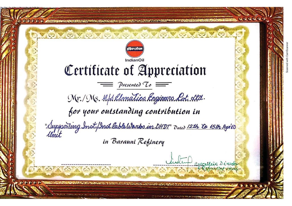 IndianOil Certificate of Appreciation