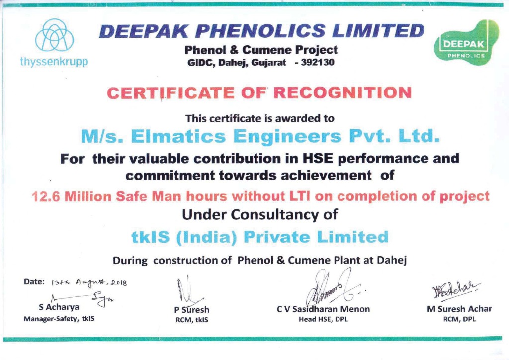 Deepak Phenolics Certificate of Recognition