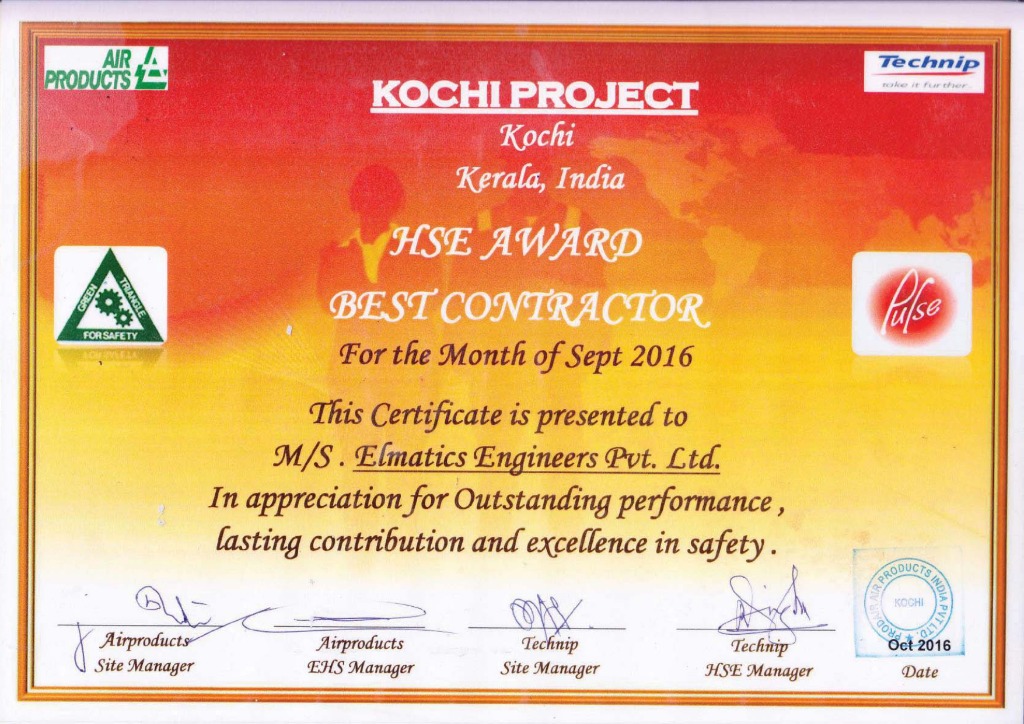 HSE Award – Best Contractor Sept 2016