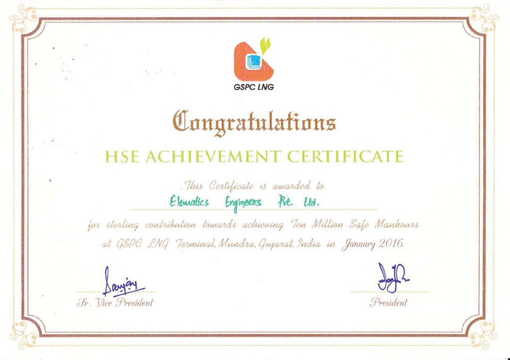 GSPC LNG HSE Achievement Certificate