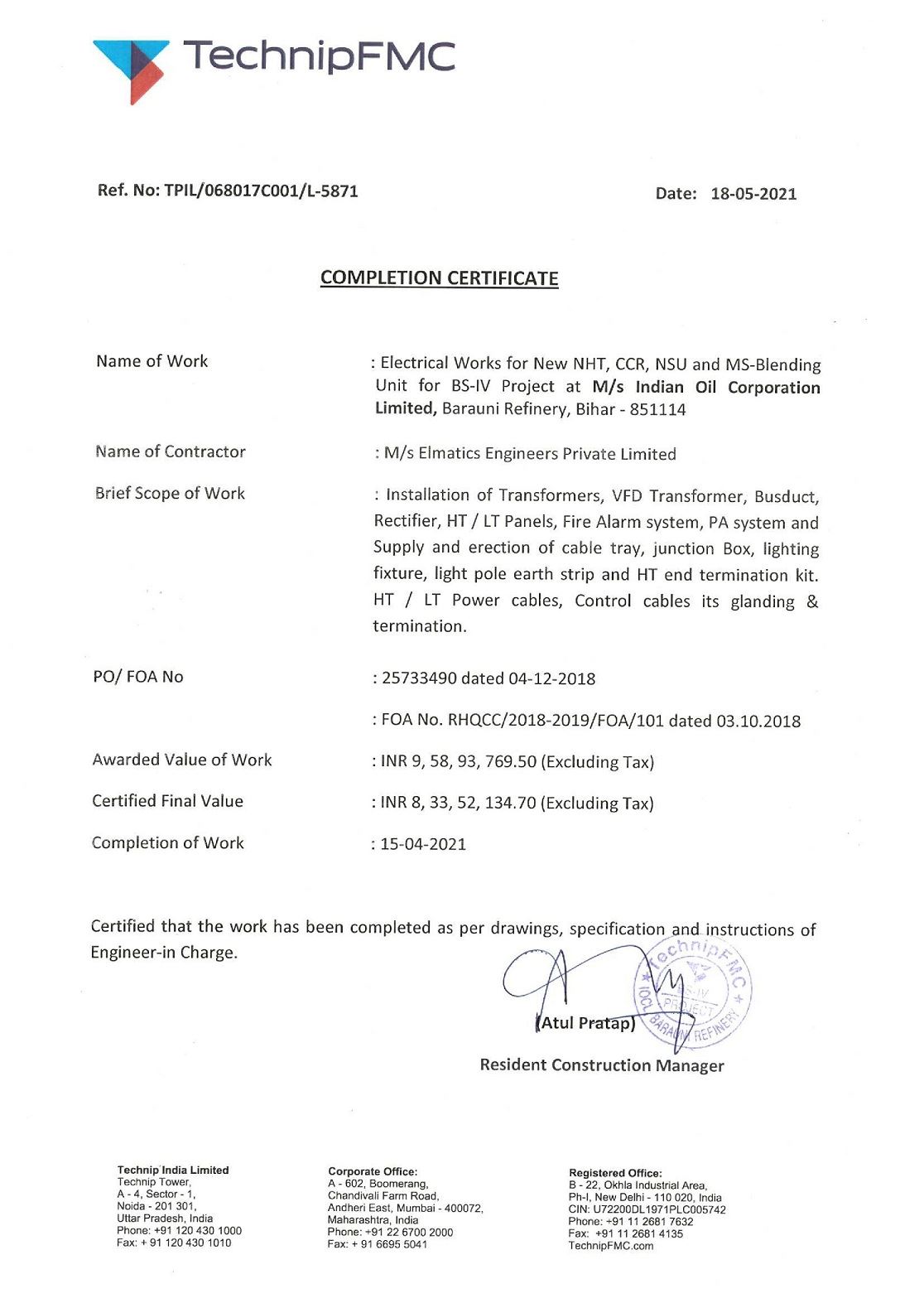 IOCL Barauni Job Completion Certificate
