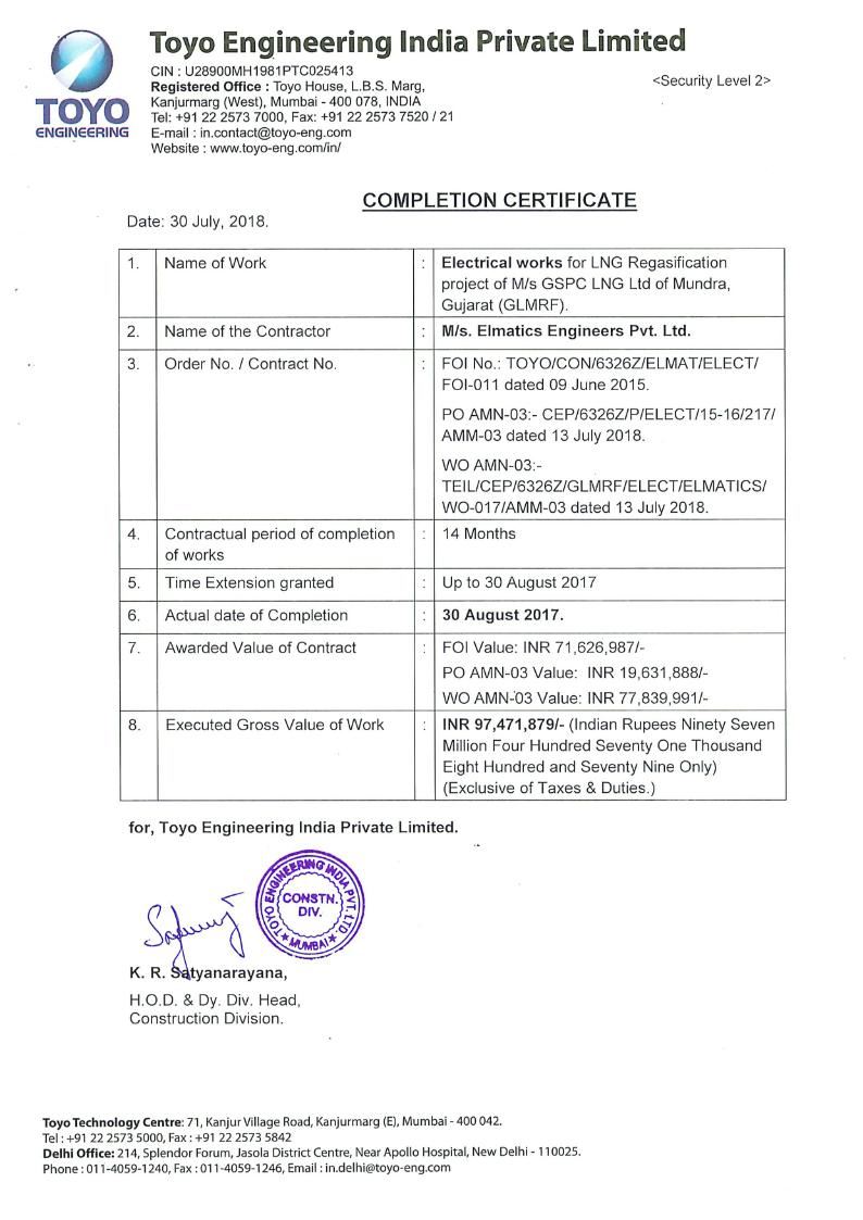 TOYO Job Completion Certificate